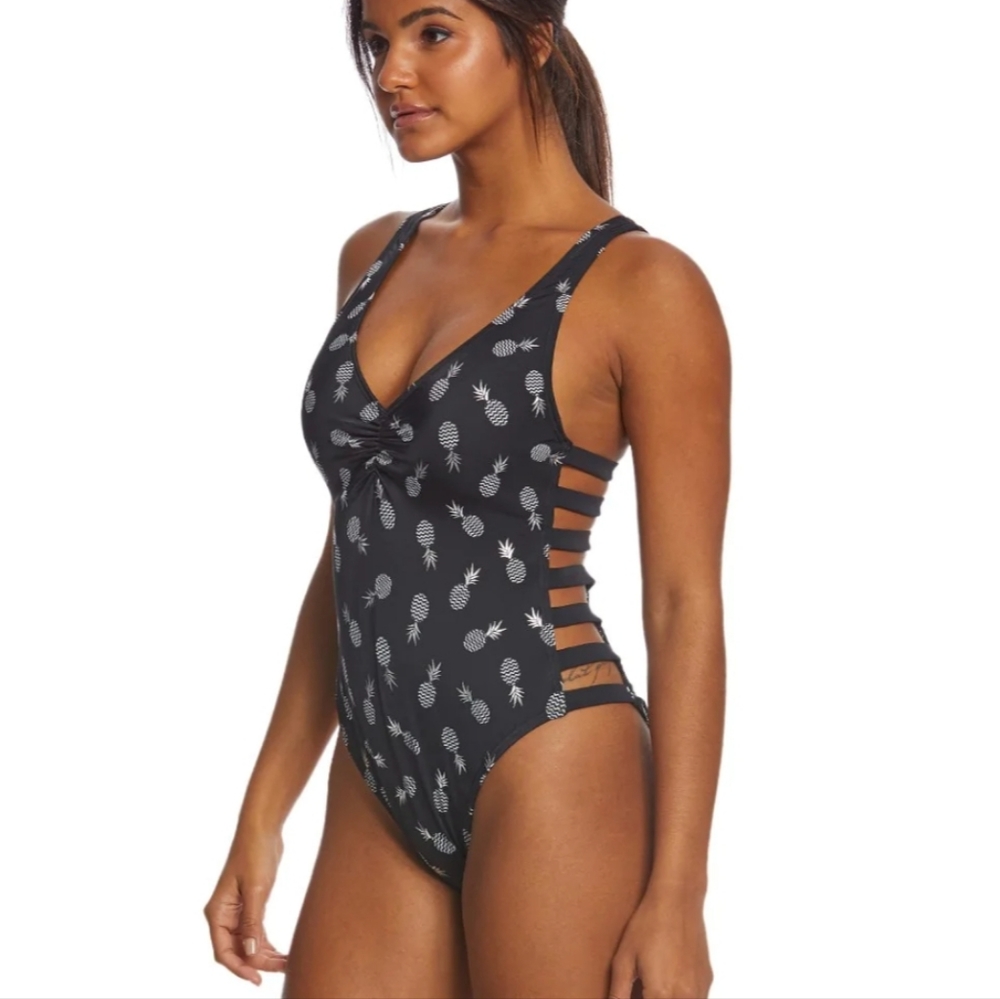 Coco Rave Pineapple Print One Piece Swimsuit, Black & Silver, Like New, sz M